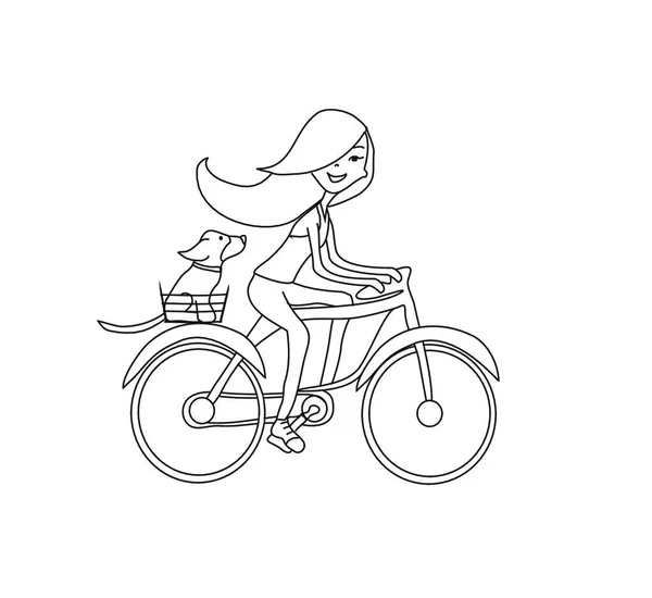 Menina Está Montando Bicicleta Junto Com Cão —  Vetores de Stock
