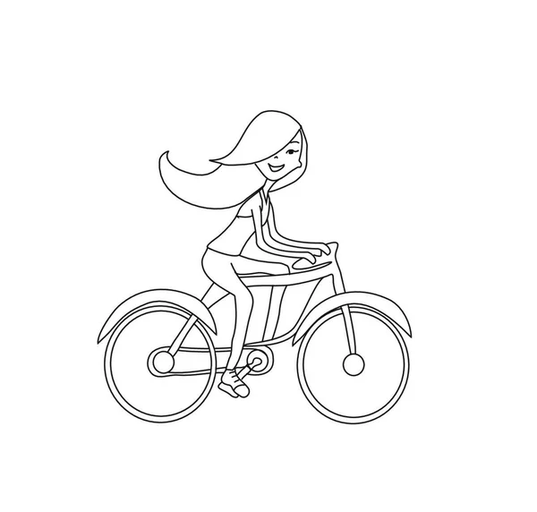 Menina Andar Bicicleta Doodle Livro Colorir — Vetor de Stock