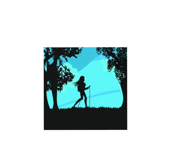 Silhouette Homme Dans Une Forêt Avec Sac Dos — Image vectorielle