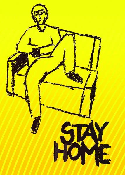 Tânărul Relaxează Acasă Tipul Care Stă Canapea Crayon Desenat Ilustrație — Vector de stoc