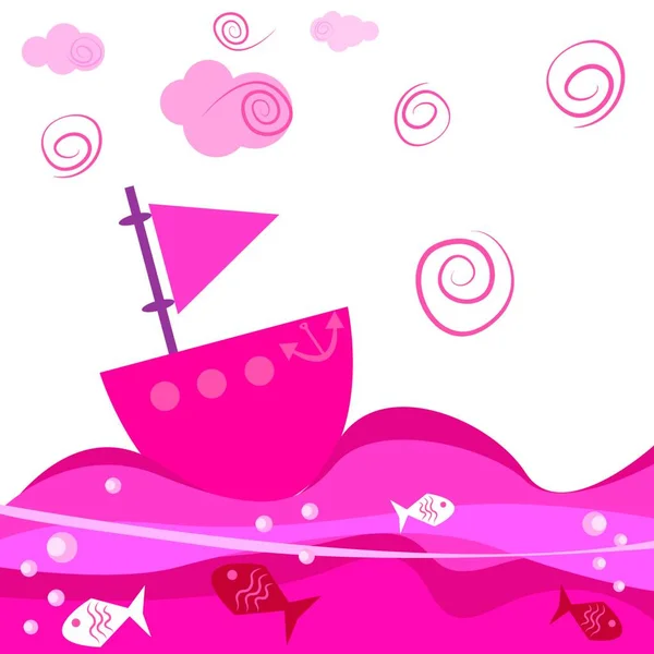 Χαριτωμένο Μικρό Πλοίο Μωβ Νερό Εικονογράφηση Διάνυσμα Ενός Μικρού Σκάφους — Διανυσματικό Αρχείο