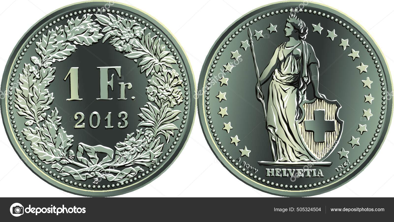 1瑞士法郎硬币背面1法郎橡树叶花环和金银花正面赫维蒂亚显示站立和星形瑞士官方硬币图库矢量图©PantherMediaSeller 505324504