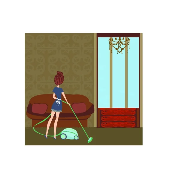 Kobieta Sprzątanie Domu Mopem Odkurzacz Wektor Ilustracja — Wektor stockowy