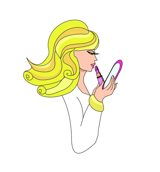 Belle Fille Aux Cheveux Longs Smartphone Avec Sourire Sur Son — Image vectorielle