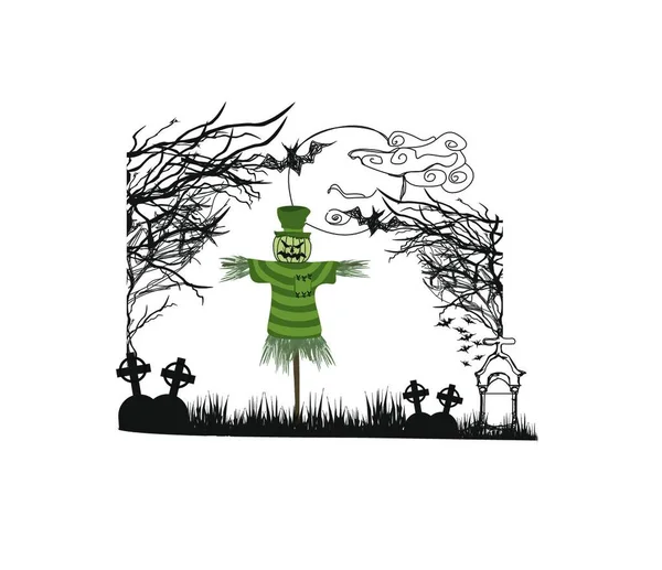 Хэллоуин Ведьма Метлой Дерево Векторные Иллюстрации Дизайн — стоковый вектор