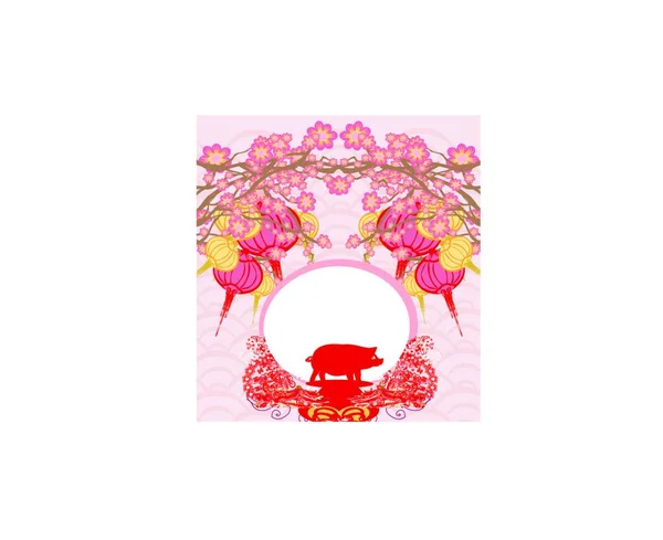Chinese New Year Card Pink Flowers Sakura — Stock Vector