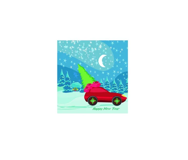 Αυτοκίνητο Πλαίσιο Δώρο Χριστουγέννων Και Ένα Χριστουγεννιάτικο Δέντρο — Διανυσματικό Αρχείο