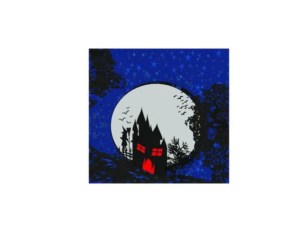 Vektorillustration Eines Waldes Mit Mond Und Baum — Stockvektor