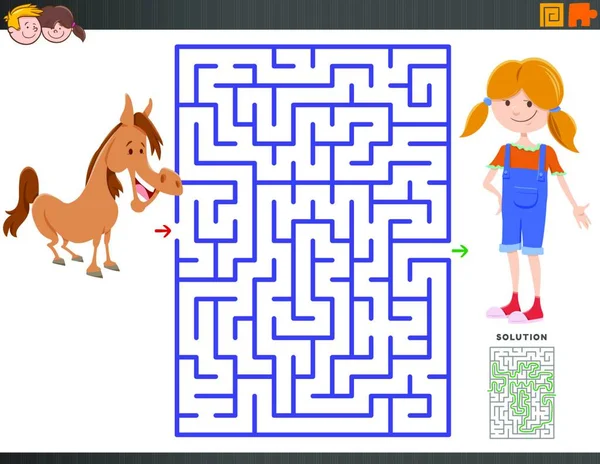 Γελοιογραφία Εικονογράφηση Της Εκπαιδευτικής Λαβύρινθος Puzzle Game Για Παιδιά Κορίτσι — Διανυσματικό Αρχείο