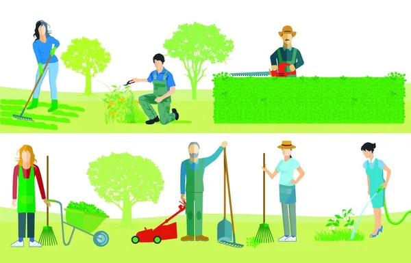 Ogrodnicy Pracują Ogrodzie — Wektor stockowy