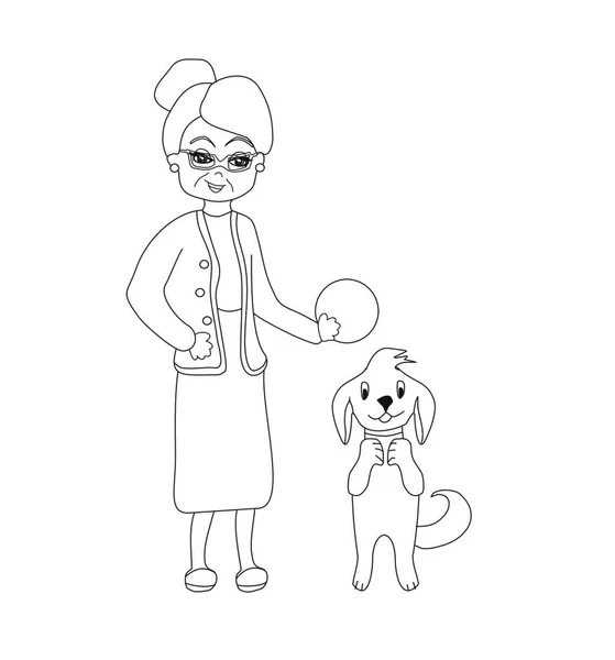 Cartoon Oude Dame Met Haar Hond Kleurboek — Stockvector
