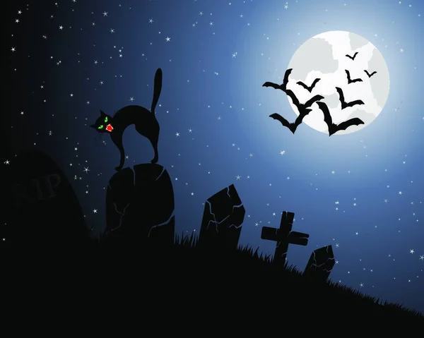 Happy Halloween Grußkarte Elegantes Design Mit Friedhof Katze Auf Grab — Stockvektor