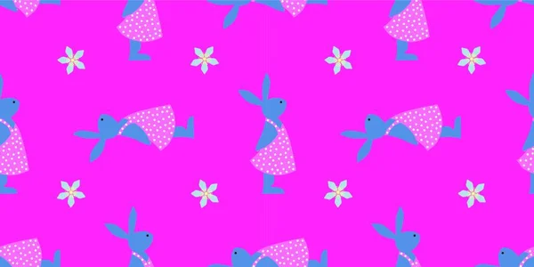 复活节的无缝图案 复活节兔子 明亮的颜色 包装纸的质地 节日快乐春花 蓝色粉红 — 图库矢量图片