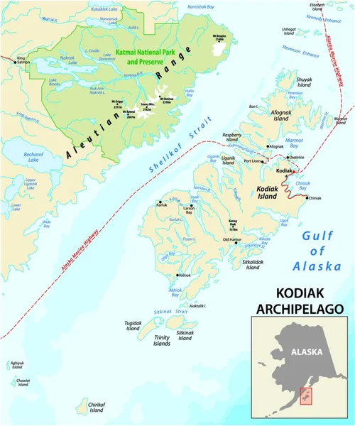アラスカ州に属するコディアック諸島のベクトル地図 — ストックベクタ