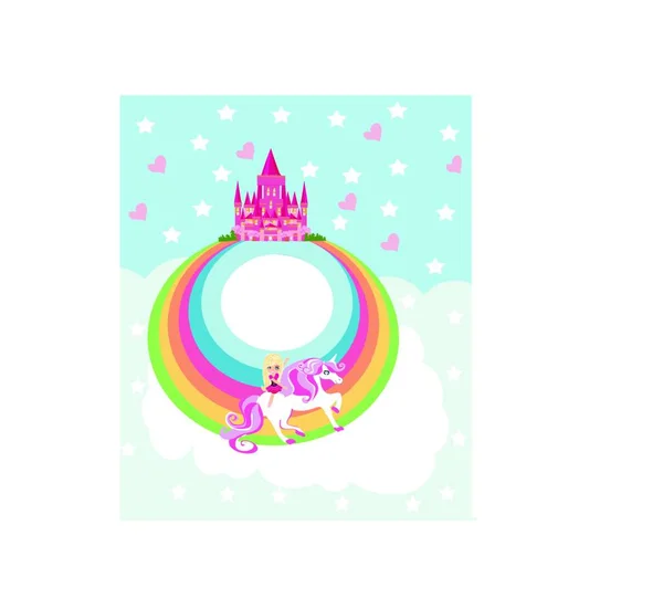 Sweet Girl Unicorn Flying Rainbow — Stock Vector