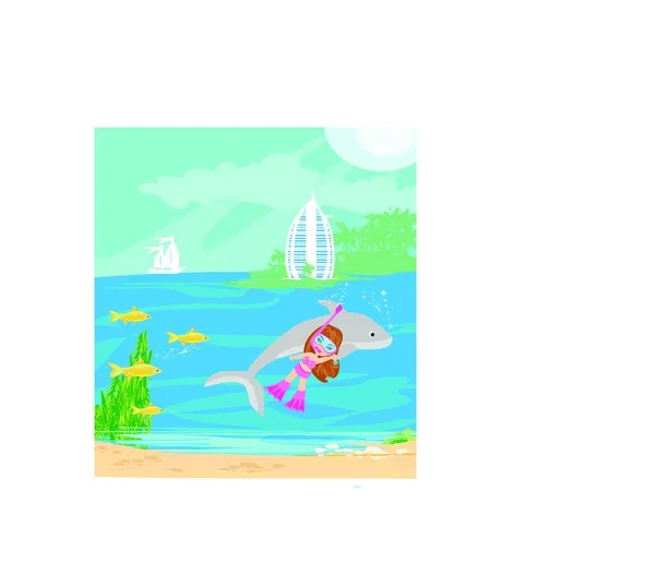 Little Girl Diving Dolphin — Stock Vector