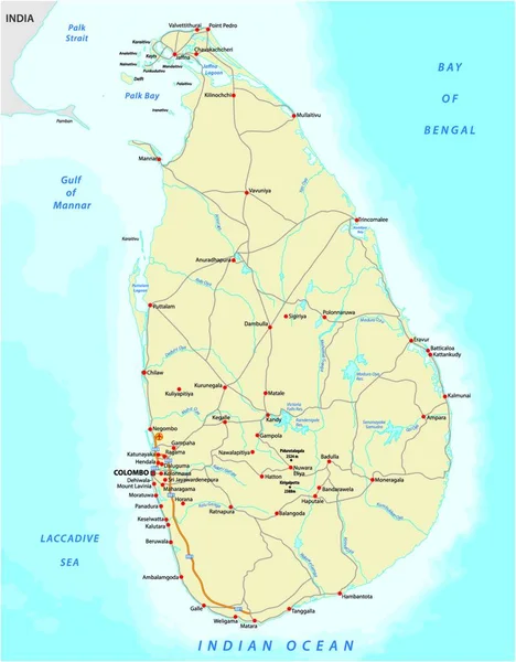 Mapa Cores Vetor Sri Lanka País Com Cidades Estradas Importantes — Vetor de Stock
