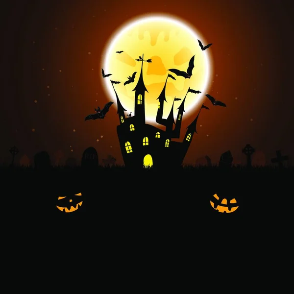 Halloween Üdvözlő Meghívó Kártya Elegáns Design Kastély Közelében Temető Repülő — Stock Vector