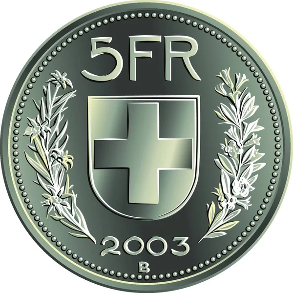 連邦政府の紋章 5Fr 枝のEdelweissとGentian スイスの公式コインを持つ5スイスのフランスの銀コインの逆 — ストックベクタ
