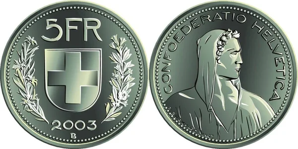Ελβετικά Φράγκα Αργυρό Νόμισμα Εμπροσθότυπος Αλπικός Βοσκός Οπισθοπορεία Ομοσπονδιακό Οικόσημο — Διανυσματικό Αρχείο