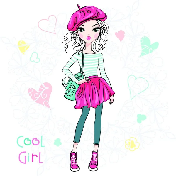 Χαριτωμένο Κορίτσι Όμορφο Καλοκαίρι Φούστα Και Μπλούζα Καπέλο Μπερέ Και — Διανυσματικό Αρχείο