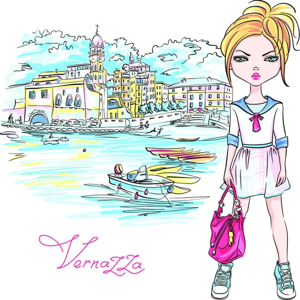 ヴェルナッツァ つの土地は チンクエ テッレ国立公園 イタリア リグーリア州の夏のドレスかわいい美しいファッションの少女 — ストックベクタ