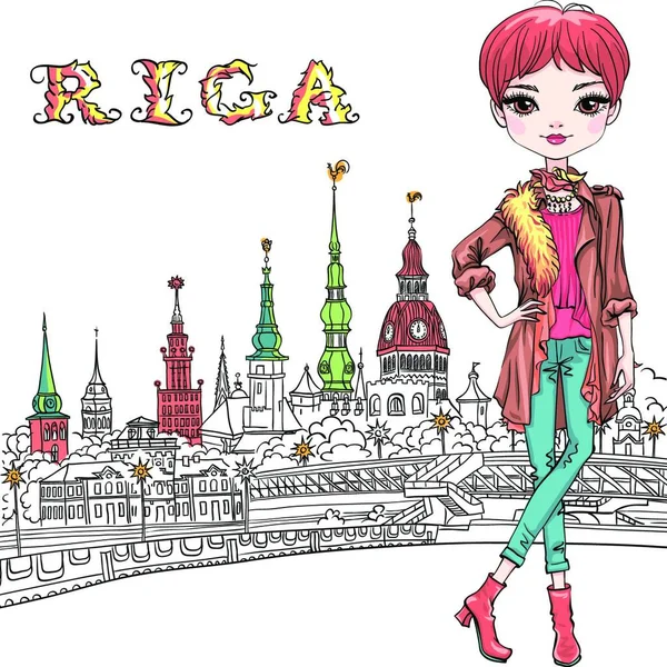 ベクトルかわいい赤毛の女の子で秋の服 スカーフ ブーツ ジャケットとジーンズで旧市街リガ ラトビア — ストックベクタ