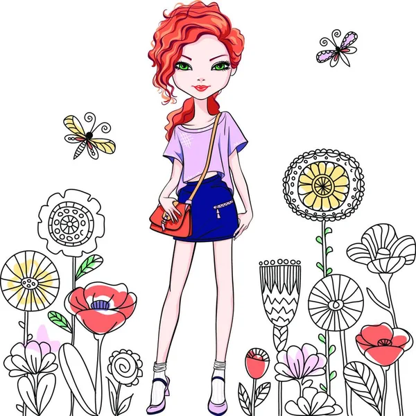 Cute Beautiful Redhead Girl Long Hair Shirt Skirt Bag — Stock Vector