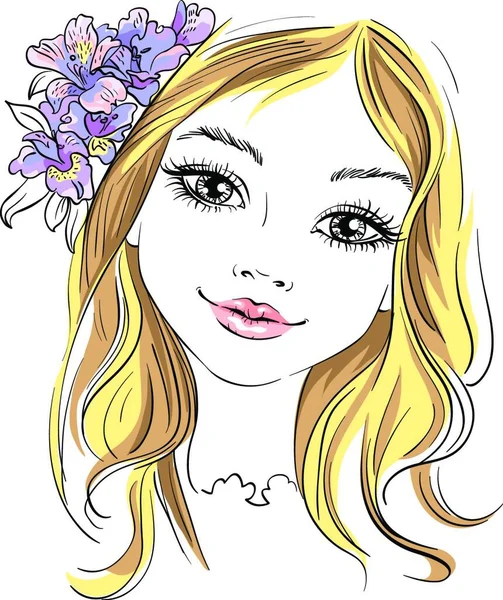 Hermosa Chica Dibujada Mano Con Flor Pelo Ilustración Vectorial Camiseta — Archivo Imágenes Vectoriales