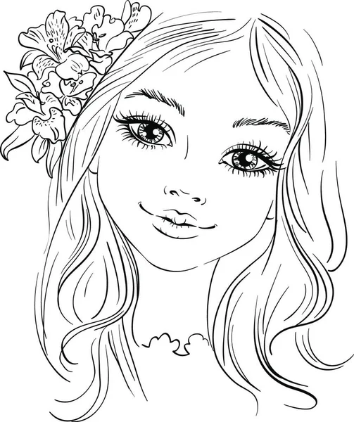 Menina Bonita Desenhada Mão Com Flor Cabelo Ilustração Vetorial Shirt — Vetor de Stock