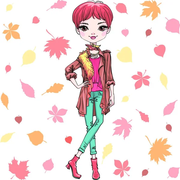 Vector Beautiful Fashion Hipster Girl Top Model Bag Autumn Clothes — Stock Vector