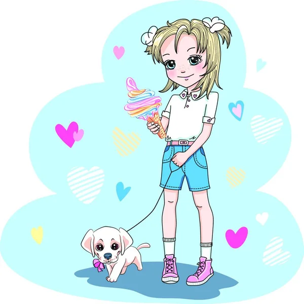 Vector Linda Chica Rubia Hermosa Con Helado Cachorro Labrador — Archivo Imágenes Vectoriales