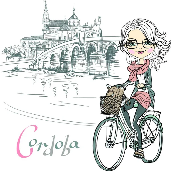 Χαριτωμένο Κορίτσι Όμορφο Μοντέρνο Βόλτες Ποδήλατο Στην Κόρδοβα Ανδαλουσία Ισπανία — Διανυσματικό Αρχείο