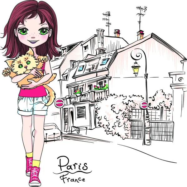 ベクトルかわいいです女の子とともに猫でパリ フランス — ストックベクタ