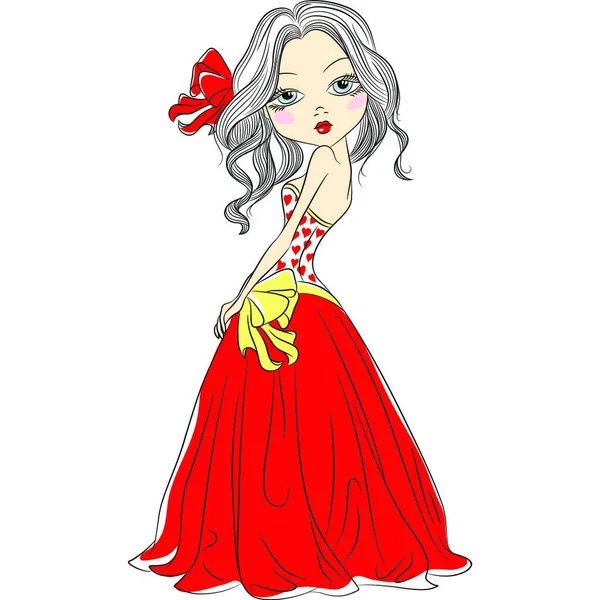 Beautiful Fashion Girl Elegant Short Long Red Dresses — Stock Vector