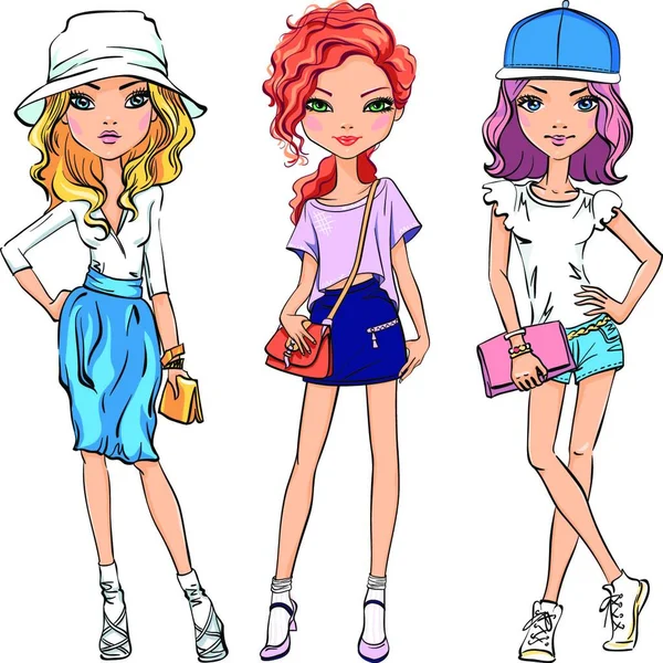 Cute Beautiful Girls Shirt Skirt Shorts Hats Bags — Stock Vector