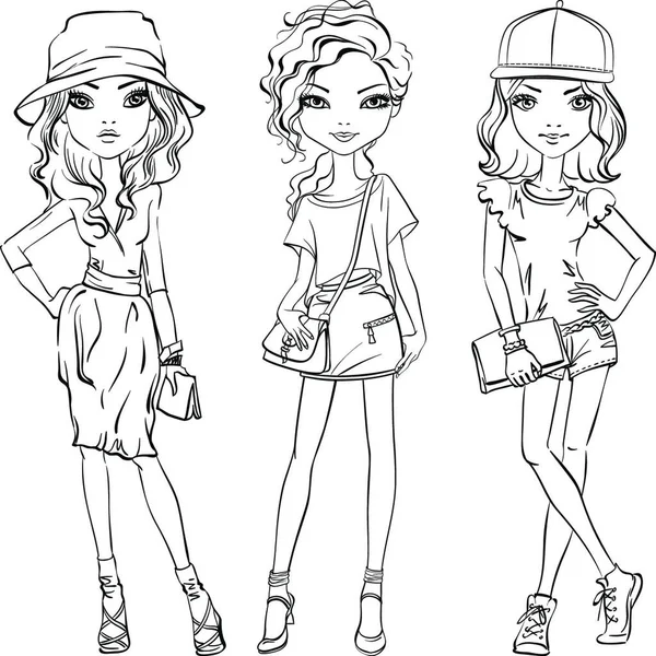 Cute Beautiful Girls Shirt Skirt Shorts Hats Bags Line Art — Stock Vector