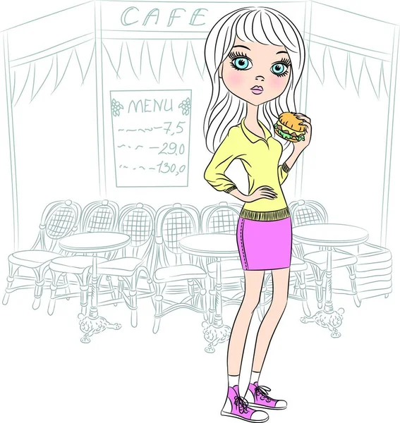 Indah Fashion Hipster Gadis Dengan Sandwich Samping Kafe Paris - Stok Vektor