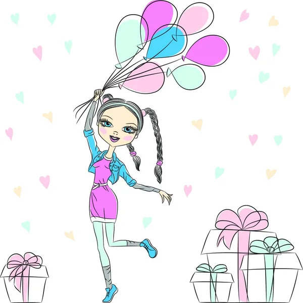 Hipster Hermosa Chica Moda Con Globos Multicolores Caja Regalo — Archivo Imágenes Vectoriales