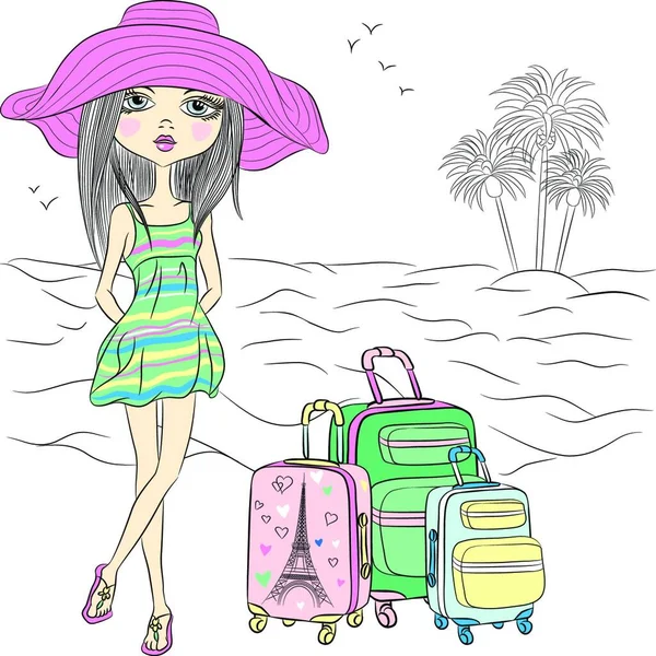 Beautiful Fashion Traveler Girl Suitcases Sea Beach — Stock Vector