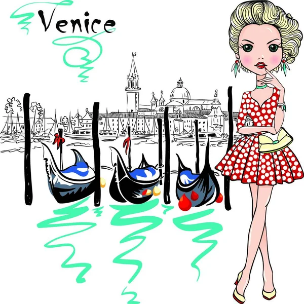 水玉のかわいい美しいファッションの女の子のドレス ヴェネツィア イタリア ゴンドラとサン ジョルジョ マッジョーレ教会をバック — ストックベクタ