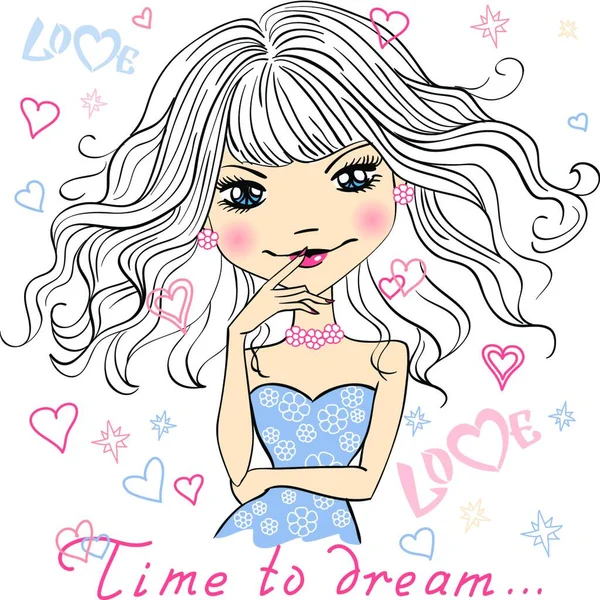 Vector Beautiful Fashionable Girl Dreams Smiles Dream Smile — Stock Vector