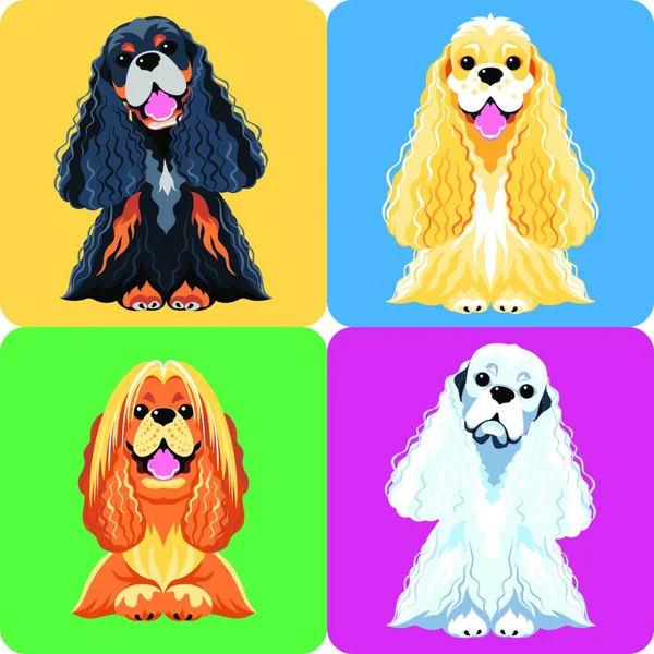 Vector Set Dogs American Cocker Spaniel Sentado Branco Preto Dourado —  Vetores de Stock