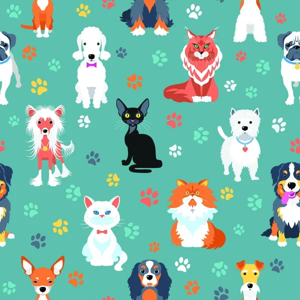 Vector Fundo Sem Costura Com Gatos Cães Design Plano —  Vetores de Stock