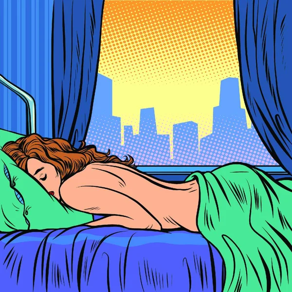 Kvinna Som Sover Sängen Vektor Illustration — Stock vektor