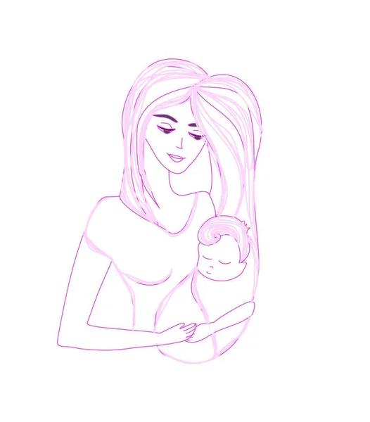 Mladá Krásná Matka Objímá Své Dítě Doodle Ilustrace — Stockový vektor