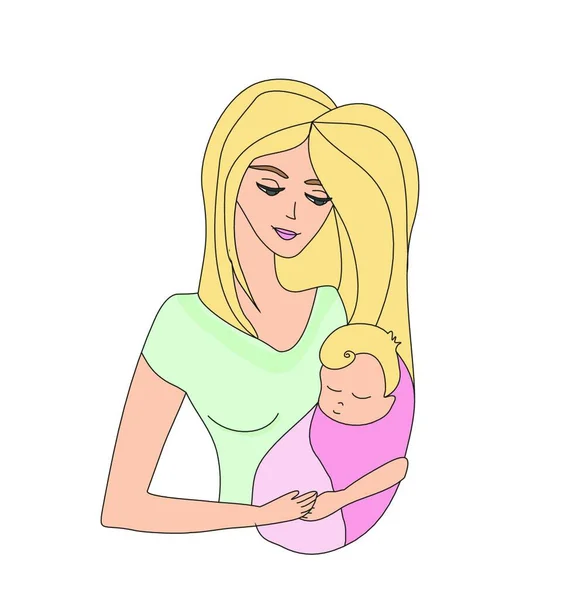 Young Beautiful Mother Hugs Her Child Doodle Illustration — Stock Vector