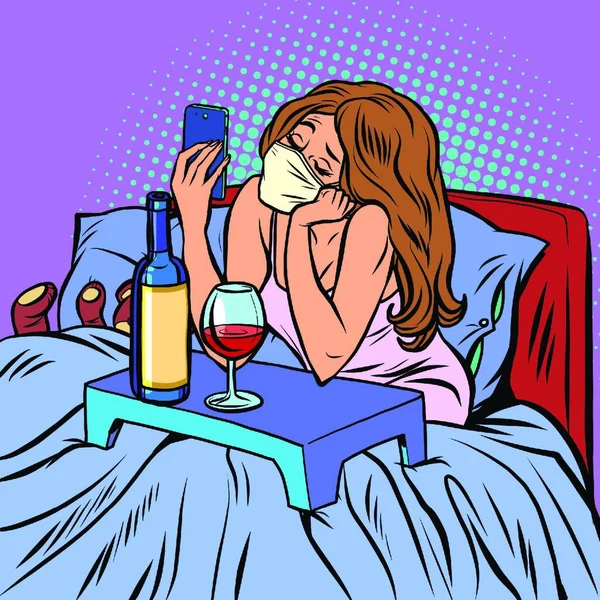 Woman Quarantine Self Isolation Dinner Alone Comics Caricature Pop Art — Stock Vector