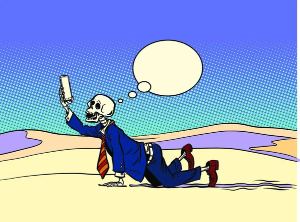 Squelette Dans Désert Avec Smartphone Recherche Cellulaire Caricature Pop Art — Image vectorielle