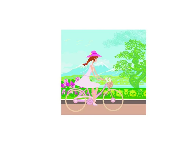 Ilustração Vetorial Uma Mulher Andando Bicicleta —  Vetores de Stock